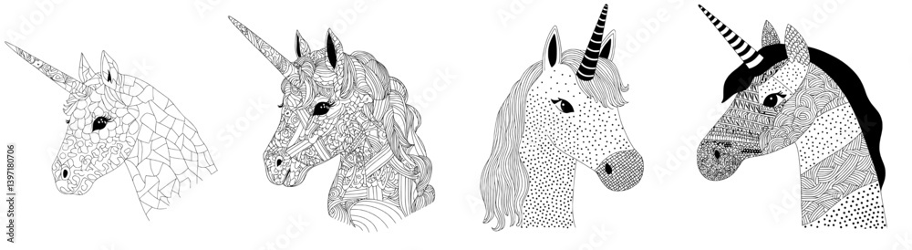 Fototapeta premium A modern illustration of a unicorn, an animal from tales, is featured on a page in an adult coloring book, complete with a sample, in both color and monochrome doodle