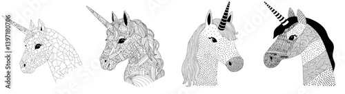 A modern illustration of a unicorn, an animal from tales, is featured on a page in an adult coloring book, complete with a sample, in both color and monochrome doodle