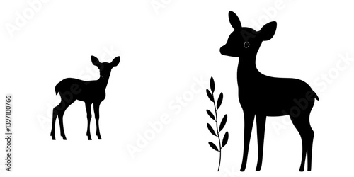A small deer with a sweet appearance, depicted as a black cut silhouette set against a white backdrop, incorporating hand-drawn design elements, all presented in a modern illustration style