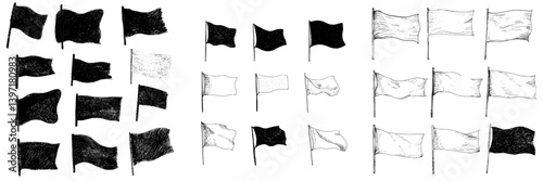 A set of 12 pennants is presented with a unique blend of retro monochrome labels and hand-drawn wanderlust style elements, forming a pennant travel flags design