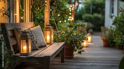 A rustic wooden porch bench bathed in the warm glow of lanterns at twilight.