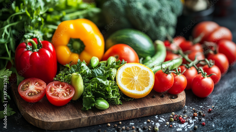 Fresh vegetables arranged on a wooden cutting board Fresh vegetables arranged on a wooden cutting board