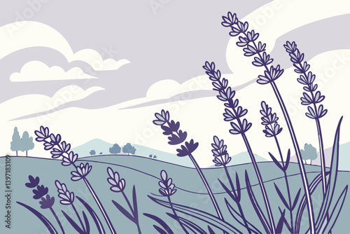 Pastel Lavender Field Vector | Soft Floral Design for Stationery
