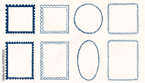 Hand drawn ink vintage frames in marine sea coastal style. Stamp or letter mark frames for greeting cards, wedding, birthday party, invitations. Minimalist coquette vector borders. Sketch art line