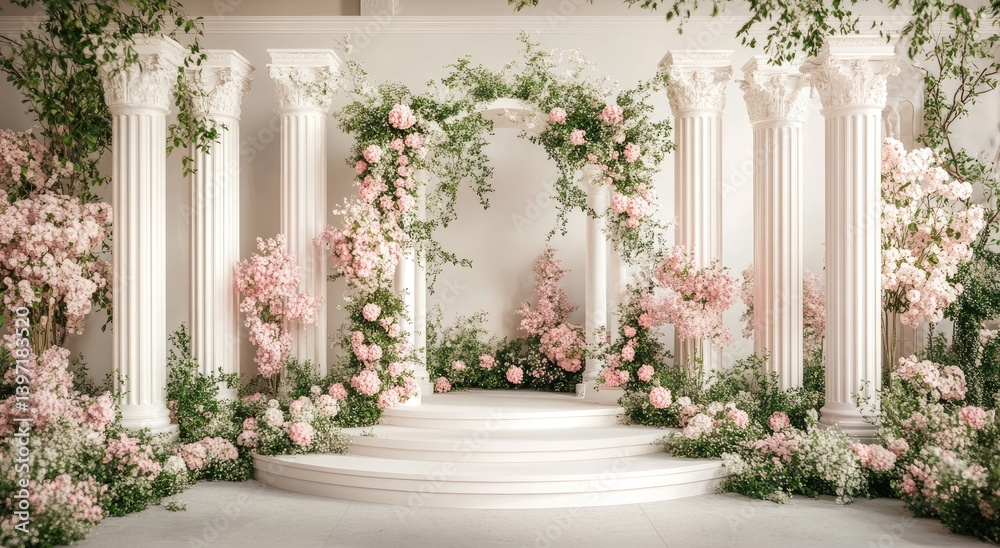 A romantic wedding ceremony backdrop adorned with delicate pink flowers and white pillars.