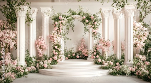 Fototapeta Naklejka Na Ścianę i Meble -  A romantic wedding ceremony backdrop adorned with delicate pink flowers and white pillars.