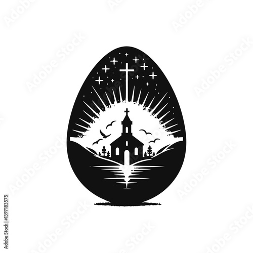 Church and Cross Easter Egg - Religious Vector Design