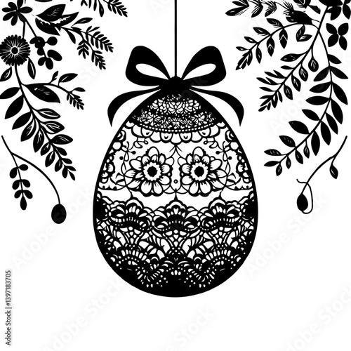 Hanging Lace Easter Egg with Floral Branches - Vector Design