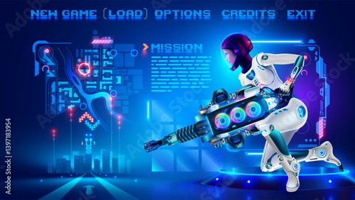 Character fo space shooter in an abstract computer video game in menu frame, interface with buttons game menu. Interface computer shooter video game. Screenshot of a video game. Pixels test menu.