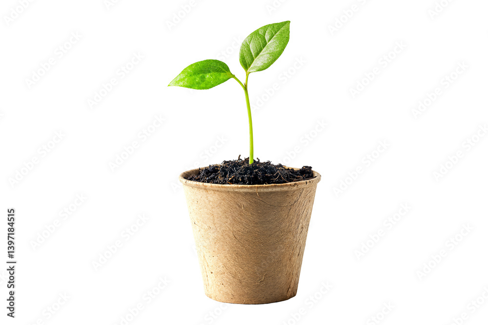 Small green plant growing in a biodegradable paper pot with soil isolated on white background Small green plant growing in a biodegradable paper pot with soil isolated on white background