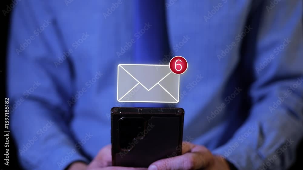 Animation of business man checking email on smartphone and receiving series of new messages notifications in his inbox at work