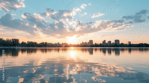Serene Sunset Over a Calm Lake with City Skyline Reflection