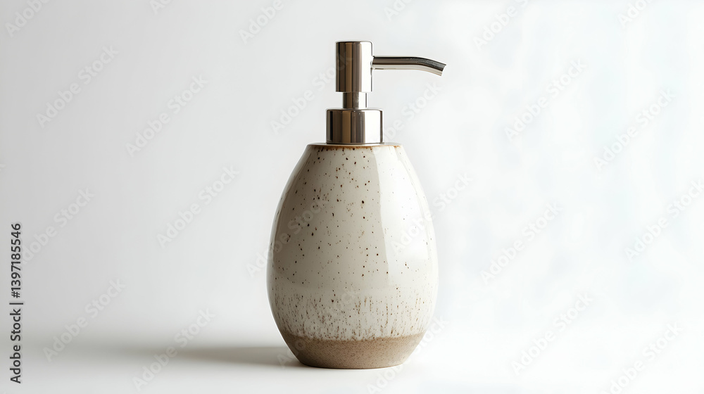 Obraz premium Soap Dispenser Beige Speckled Ceramic with Silver Pump Elegant Bathroom Essential Minimalist Style on White Background