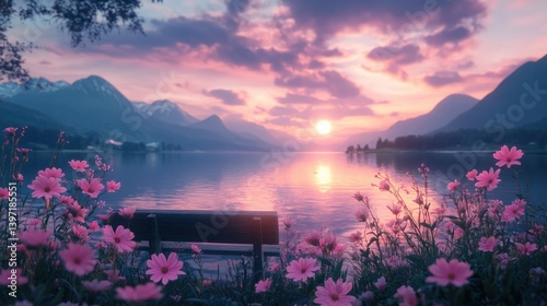 Serene Sunset Over Mountain Lake Surrounded by Vibrant Flowers and Tranquil Bench by Waterside