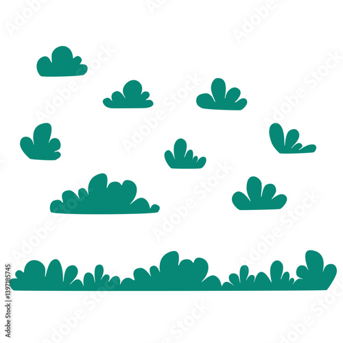 Set of flat vector bushes in simple cartoon style. Green leafy plant shapes on white background. Minimal garden elements for outdoor illustrations. Isolated bush set for scene building and design