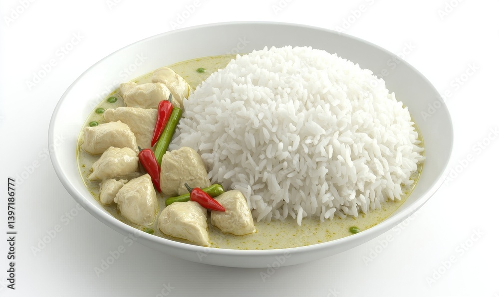 Chicken green curry with rice, Asian cuisine, food photography, restaurant menu Chicken green curry with rice, Asian cuisine, food photography, restaurant menu
