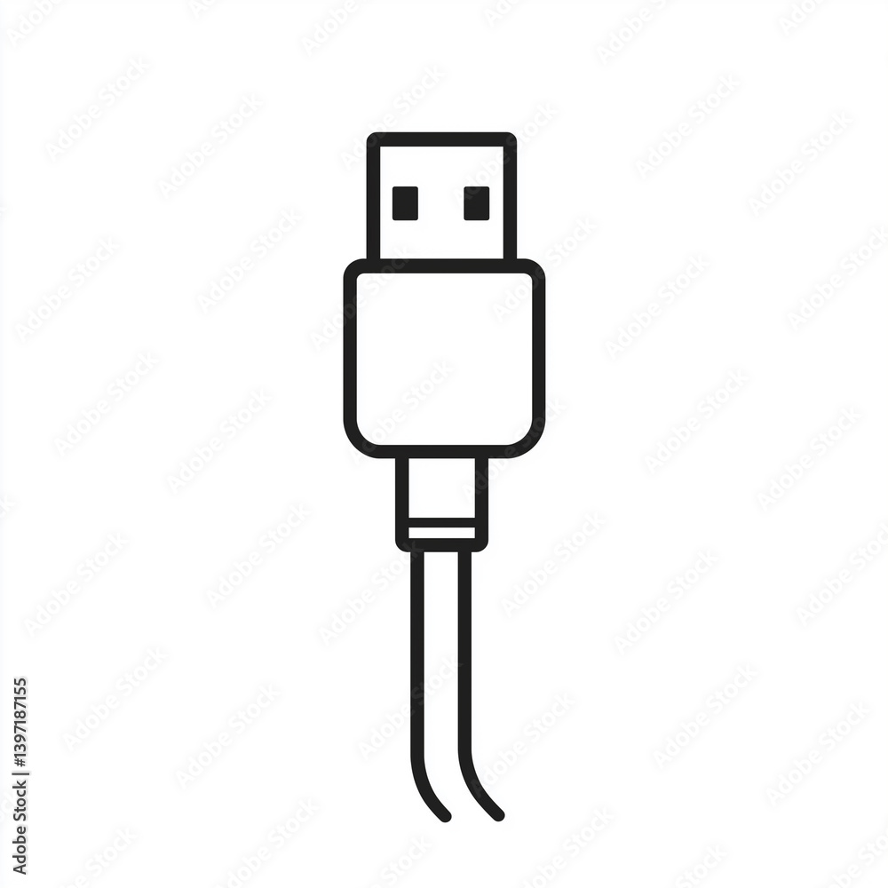 USB Cable Solid Line Icon Isolated on White Background USB Cable Solid Line Icon Isolated on White Background