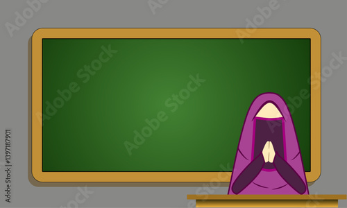 Simple Cartoon Muslim Female Teacher Icon with Blank Chalkboard. Vector Illustration of a Faceless Female Teacher Wearing a Purple Niqab in Front of a Blank Blackboard