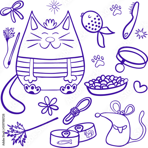 Pet doodle vector set. Collection isolated on white background. Food, toys, bone. Pet shop or store concept. Hand drawn  