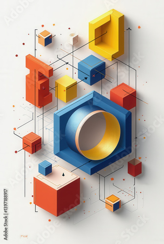 Vibrant geometric shapes and lines create an abstract design. Dominant colors include blue, orange, and red, with 3D elements adding depth to the artistic arrangement