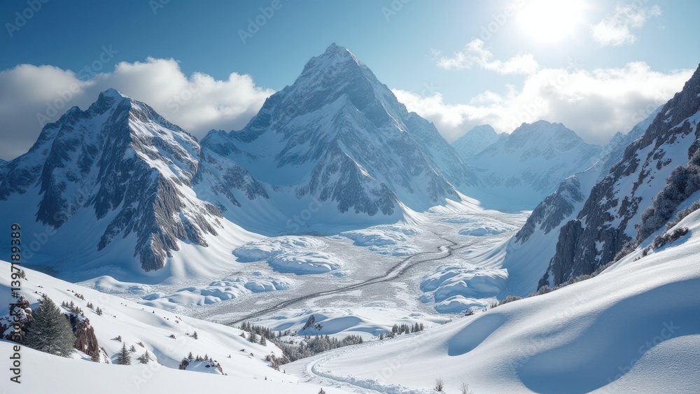 Obraz premium Snowy mountain valley with dry grass and rocks under bright winter sky 