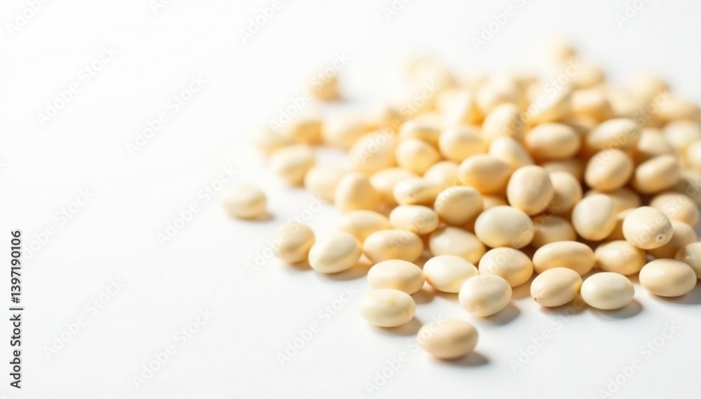 Pile of white beans on pristine white background, photography, macro Pile of white beans on pristine white background, photography, macro