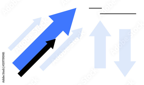 Blue and black arrows pointing upward with faded arrows in the background. Ideal for progress, growth, leadership, success, innovation, motivation, strategic planning. Flat simple metaphor