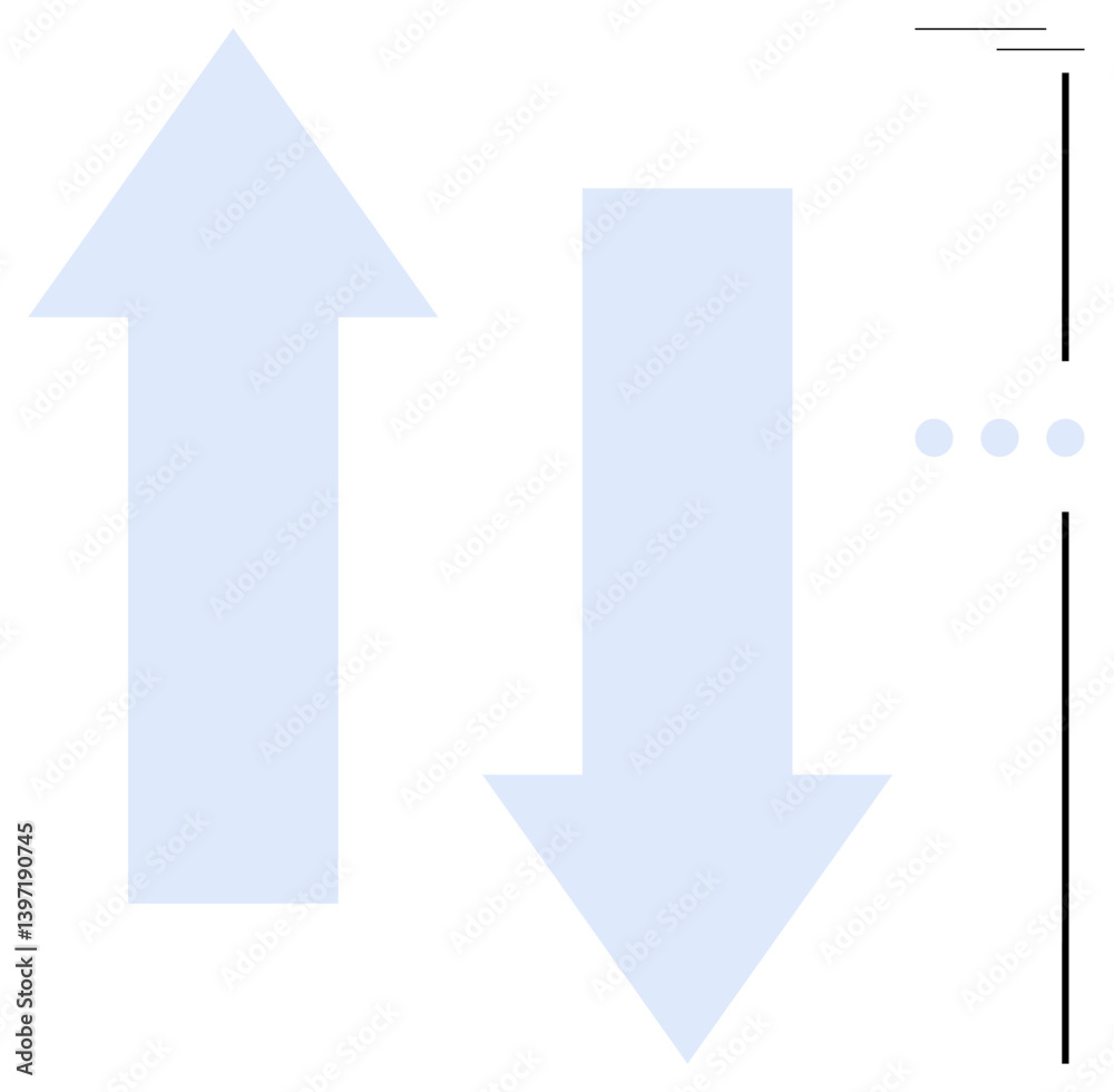 Two large arrows pointing up and down beside a vertical minimalist divider with dots, implying comparison, motion, or direction change. Ideal for decision-making, data flow, growth, trend analysis Two large arrows pointing up and down beside a vertical minimalist divider with dots, implying comparison, motion, or direction change. Ideal for decision-making, data flow, growth, trend analysis