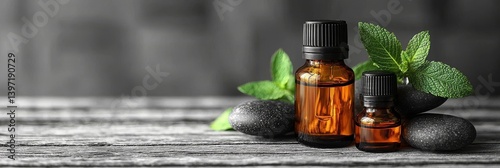 On a white wooden table, various beauty treatment items like massage stones, essential oils, and sea salt are neatly arranged for spa procedures, leaving copy space