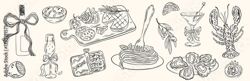 Hand drawn chalk food vector illustrations. Birthday party doodle icons. Anniversary celebration. Champagne, cheese, lobster, oysters, charcuterie, pasta. Drawings for invitations, cafe, menu.