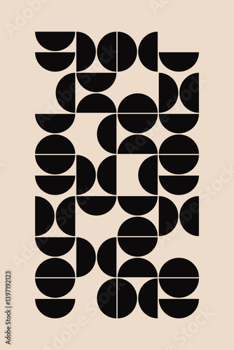 Midcentury modern style semi circles in black and cream. Graphical illustration for a unique wall decor, textiles and interior design.