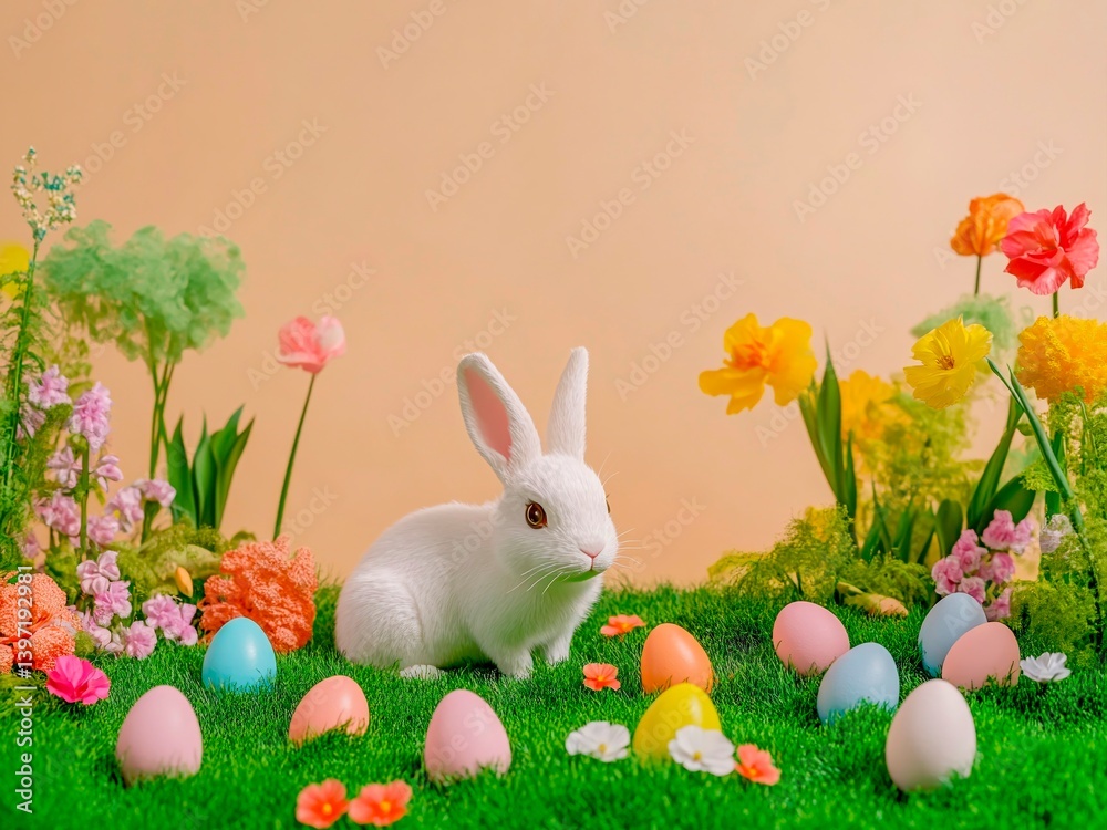 Fototapeta premium A fluffy white bunny sits happily on a lush green grass patch adorned with a variety of colorful Easter eggs. Surrounding it are lively spring flowers, showcasing the essence of the festive season