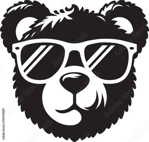 Bear icon, Bear with sunglasses head vector illustration, Bear head with sunglass silhouette vector black and white, Bear clipart