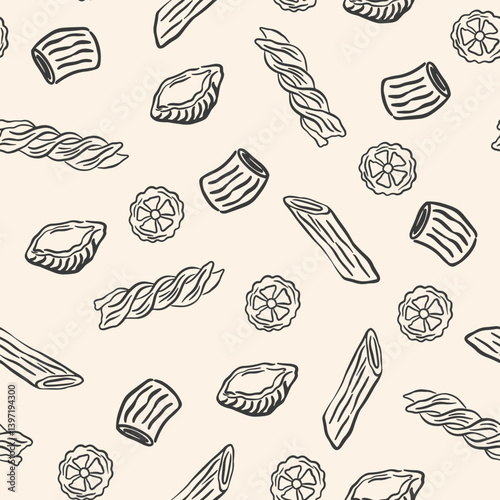 Hand drawn pasta seamless pattern. Minimalist mediterranean spaghetti background. Italy la dolce vita coast food for greeting cards, poster, postcards. Doodle sketch icons in crayon drawing style