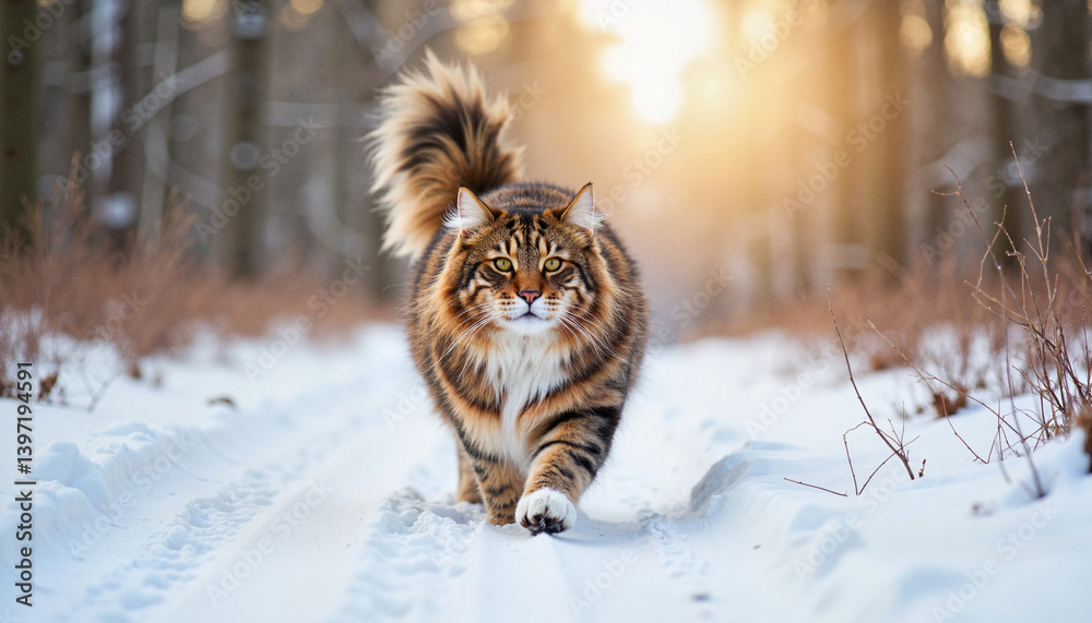 Majestic Maine Coon walking in snow-covered forest, winter beauty