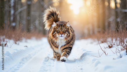 Obraz na płótnie Majestic Maine Coon walking in snow-covered forest, winter beauty w salonie