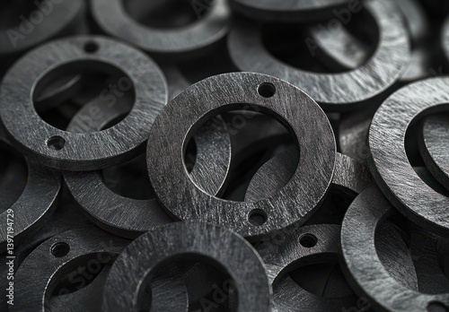 Close-up View of Black Circular Metal Washers Displayed in Abundance for Industrial and Mechanical Use
