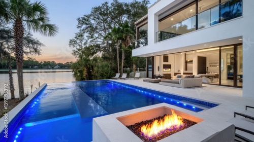 Modern luxury villa with swimming pool and fire pit at sunset overlooking tranquil lake in serene residential area