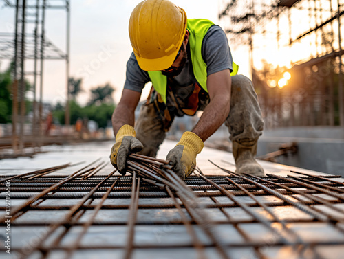 Worker with contruction iron lines for building foundation. new construction project. 