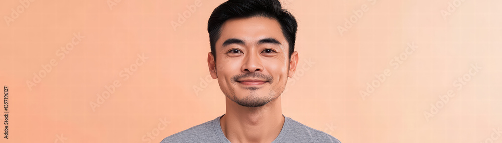 Obraz premium Gentle man's smile: A close-up portrait of a man, exuding warmth and friendliness with a subtle smile, set against a backdrop of soft, warm hues.