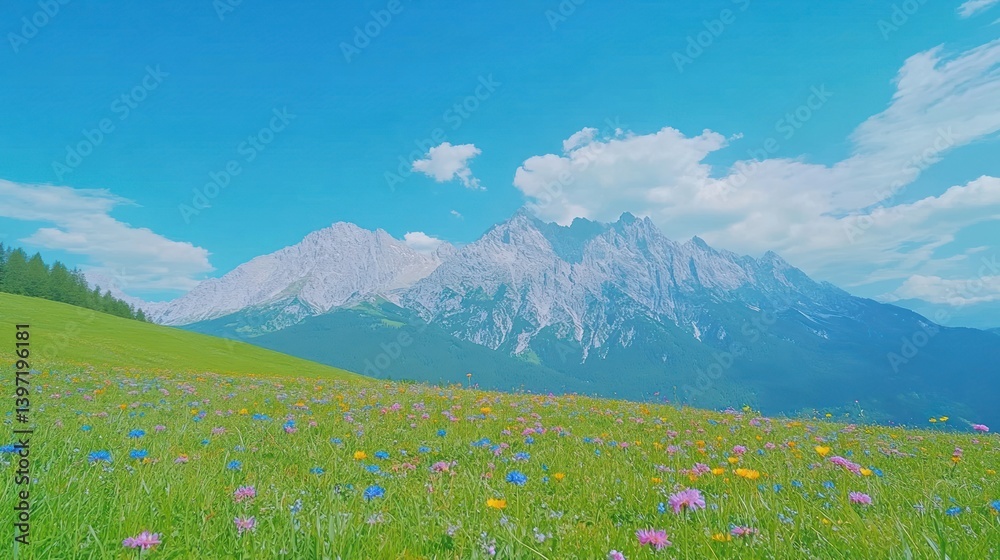 Fototapeta premium Scenic Mountain Landscape with Vibrant Wildflowers Under Bright Blue Sky