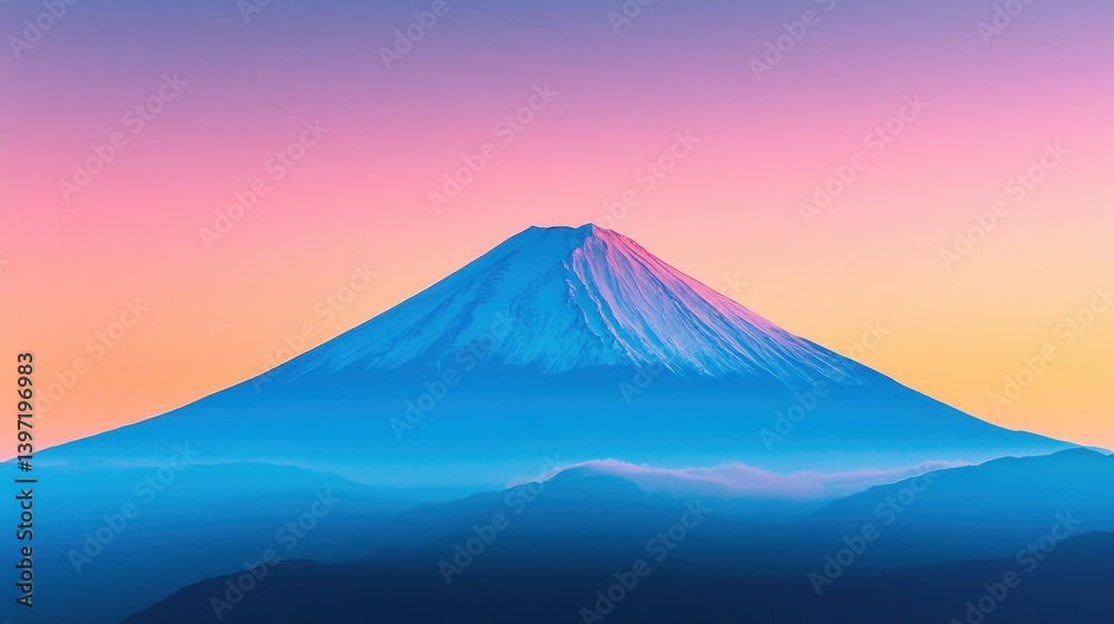 Fototapeta premium Majestic Mount Fuji Under Colorful Sunrise Sky with Soft Mist and Distant Mountains in Background