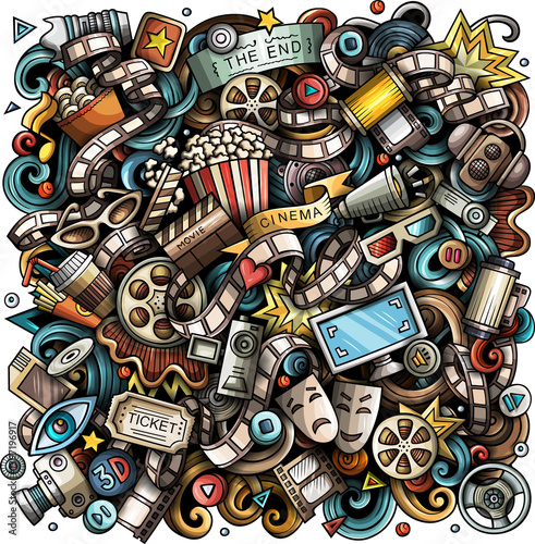 Cinema cartoon doodle design. Colorful detailed composition with lot of movie objects and symbols. All items are
