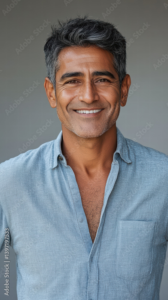 Obraz premium Smiling Man Portrait: A portrait of a middle-aged man with graying hair, wearing a light blue shirt, smiling warmly and directly at the camera. His expression conveys confidence, approachability.