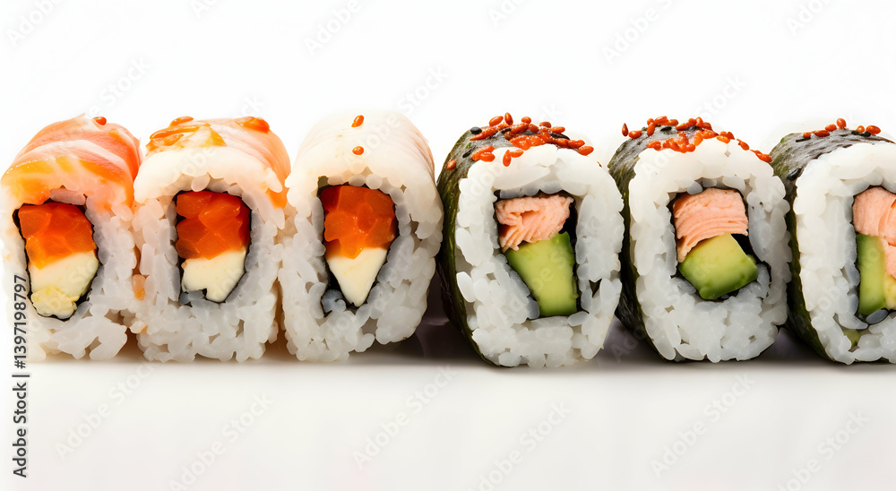 Four pieces of sushi rolls in different shapes on a white background Four pieces of sushi rolls in different shapes on a white background