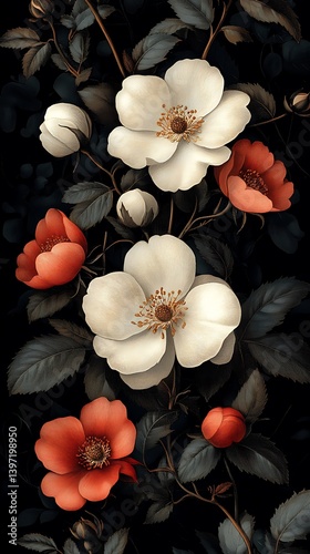 Elegant White & Red Floral Phone Wallpaper Delicate Flowers & Leaves on Dark Background | HD Mobile Background