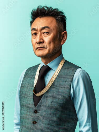 Asian Tailor Portrait: An Asian tailor, embodying sartorial expertise, stands confidently, a measuring tape draped elegantly around his neck.