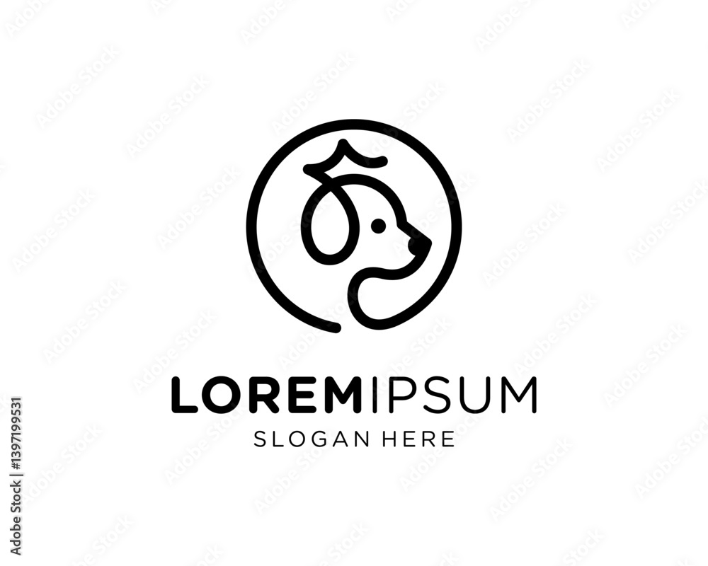 Minimal Dog Face Line Art Circle With Crown For Pet Animal Branding Vector Logo Design Illustration Minimal Dog Face Line Art Circle With Crown For Pet Animal Branding Vector Logo Design Illustration