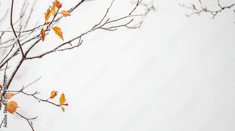 Obraz premium Autumn leaves on bare branches white background nature art minimalist photography close-up view