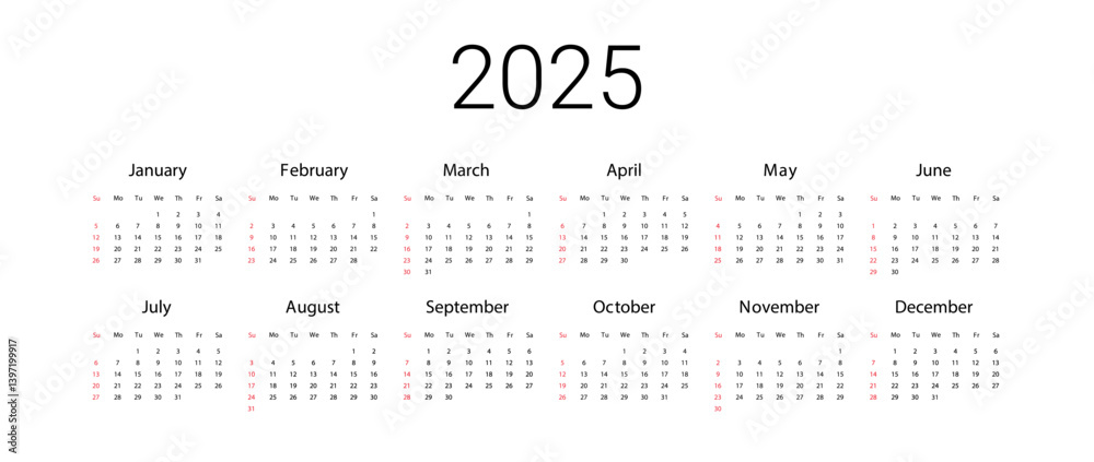 USA 2025 calendar. English Vector design template start from Sunday. Full for wall calendar